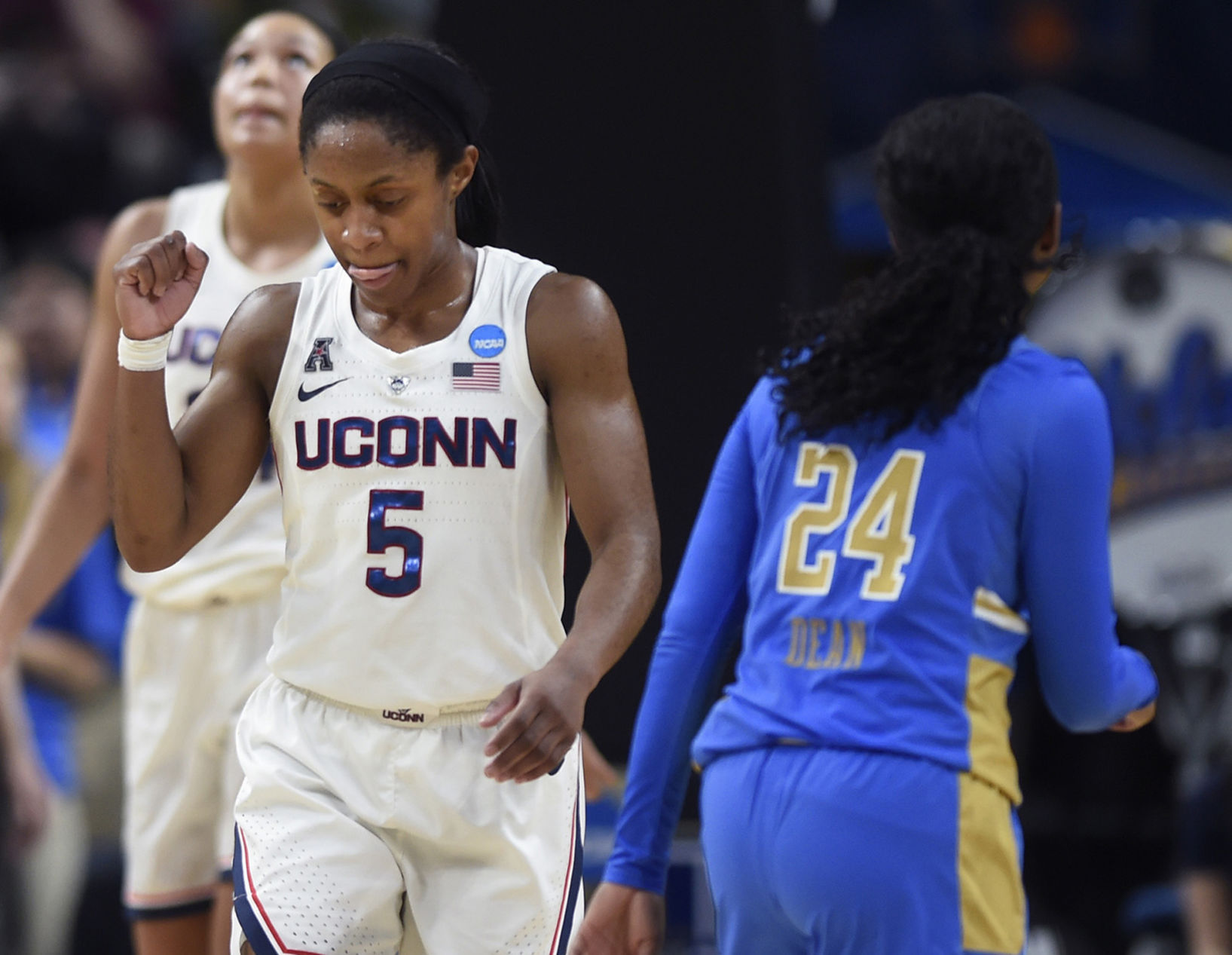 Connecticut's Crystal Dangerfield (5) in an NCAA Tournament East Regional semifinal at the Times Union Center in Albany, N.Y., on March 29, 2019.
